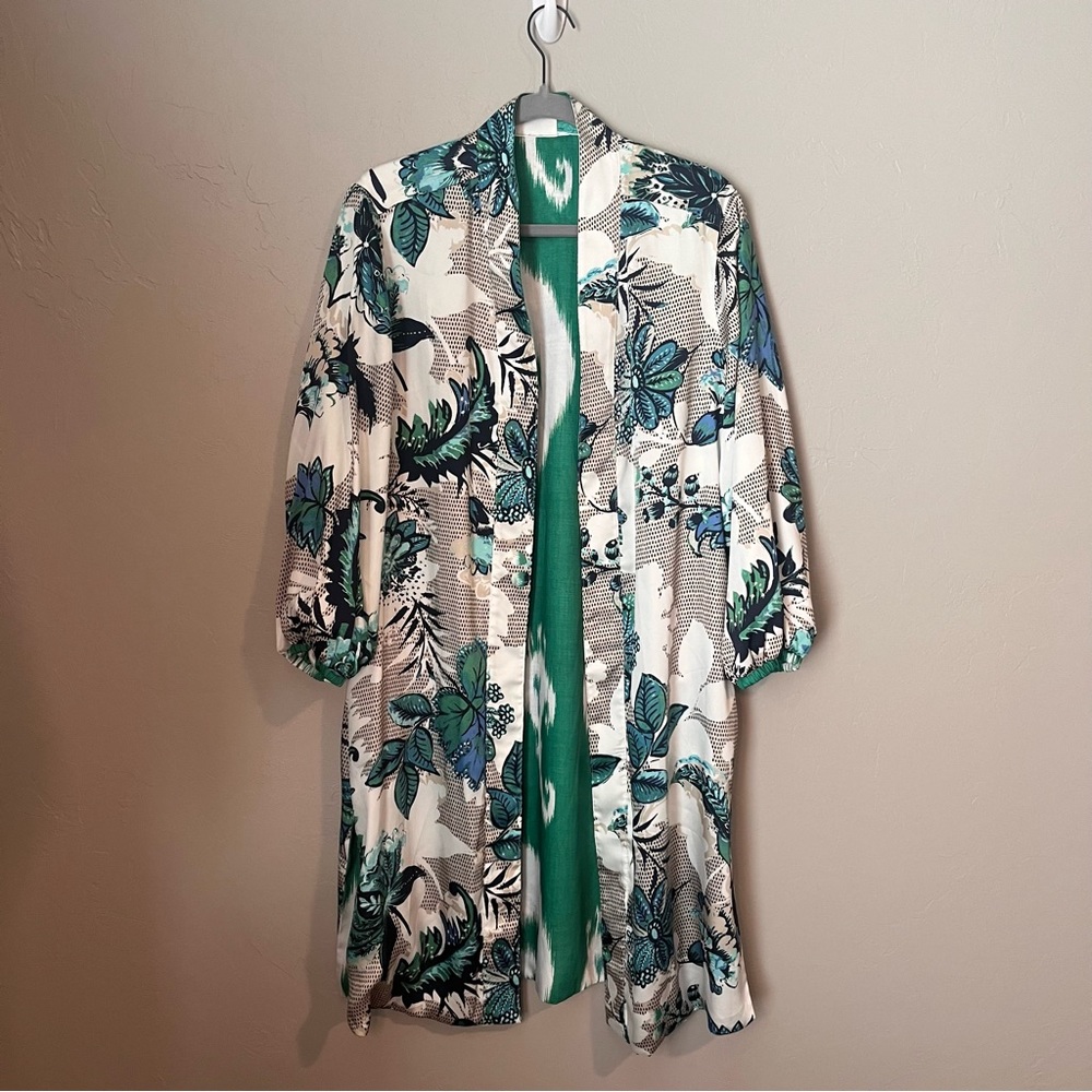 Chico’s Reversible Floral Printed Longline Kimono Ikat Duster Cardigan - Picture 6 of 15